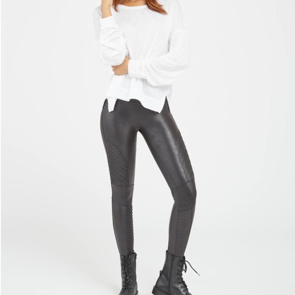 Spanx Black Faux Leather Moto Leggings Tummy Shaping and No Center Seam Small